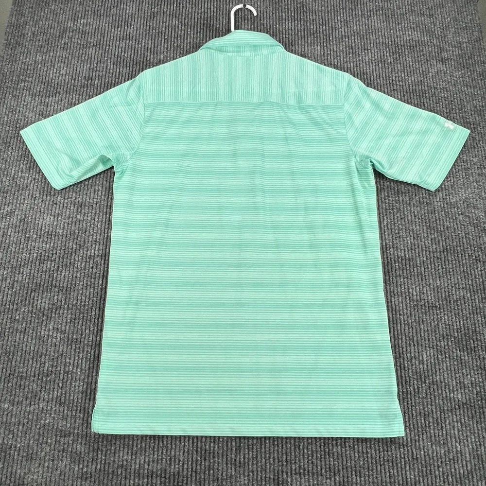 Under Armour Polo Shirt Mens Small Green Striped Short Sleeve Loose Fit Heat